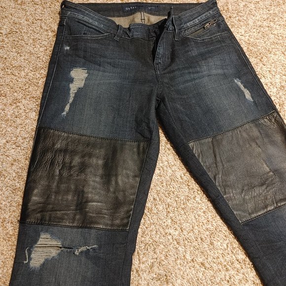 Guess Skinny Jean Distressed Women Sz 28 Leather Patches Ankle Zipper Pre-owned - Picture 2 of 7